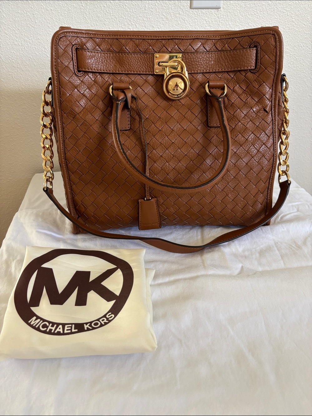 NWOT Authentic Michael Kors Hamilton Cognac Woven Leather Tote w/Gold Hardware